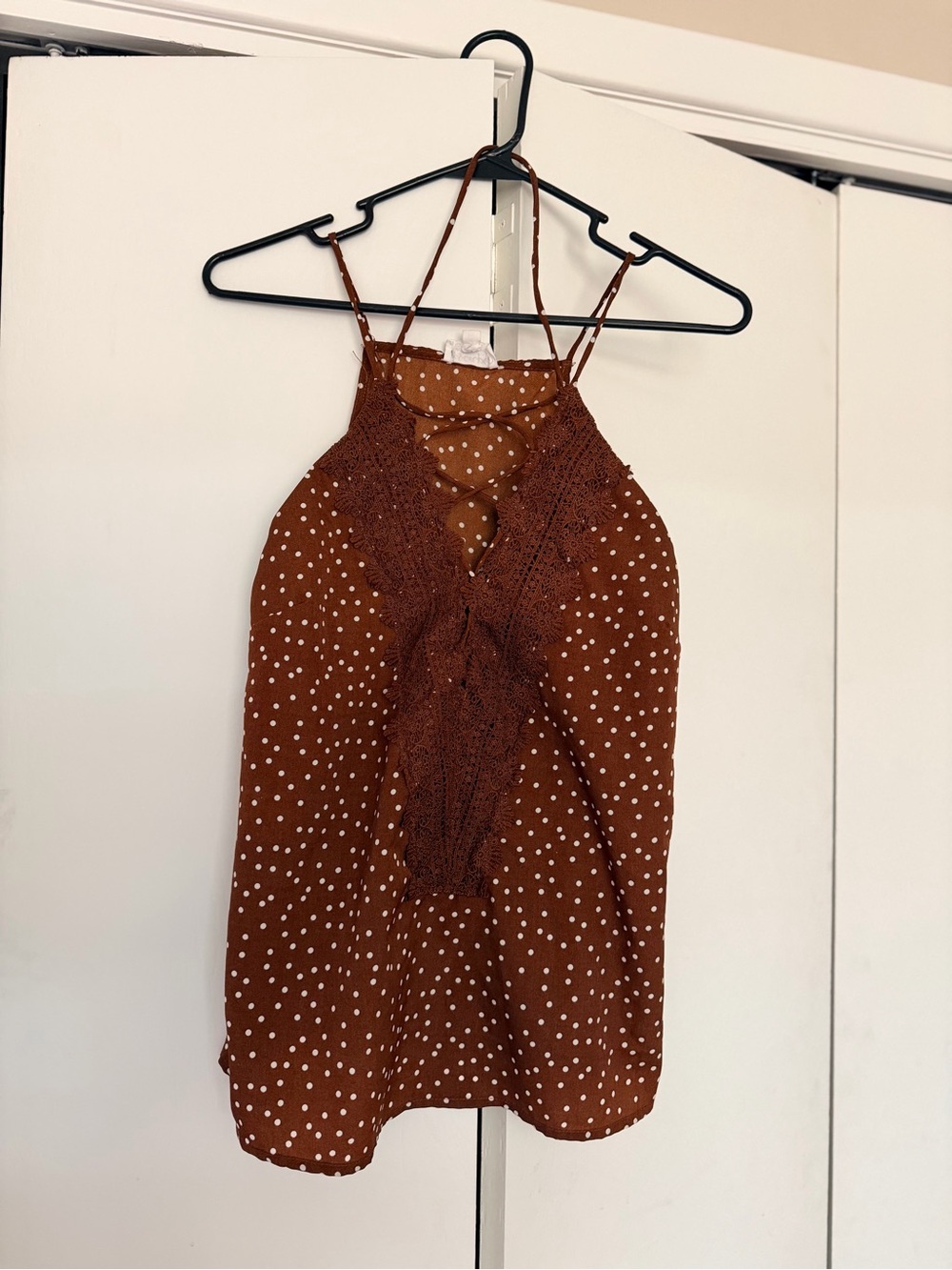 Blu Pepper Rust Brown Polka Dot Crochet-Front Halter Cami